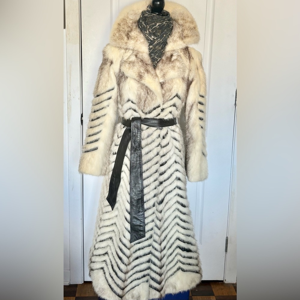 Chic cross mink Fur Chevron Coat - Cream and Gray